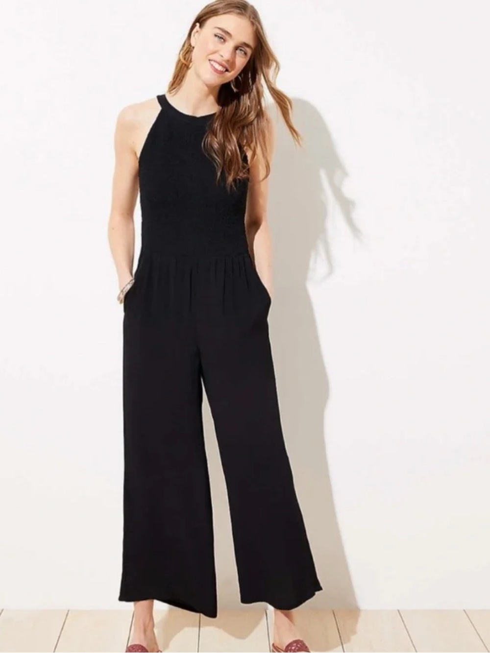LOFT black smocked bodice wide leg jumpsuit size 4